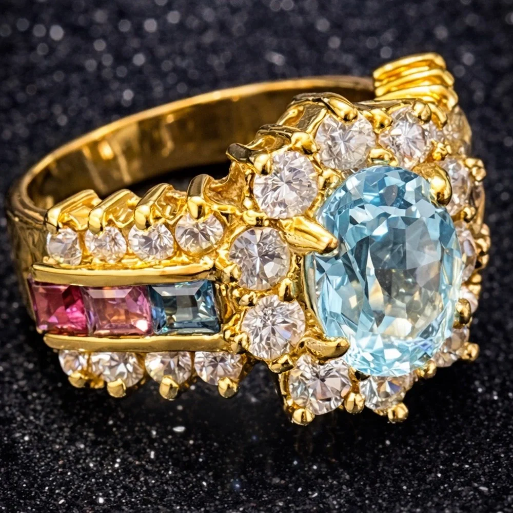 Suzanne Somers vintage blue topaz amethyst garnet gemstone CZ cocktail band ring